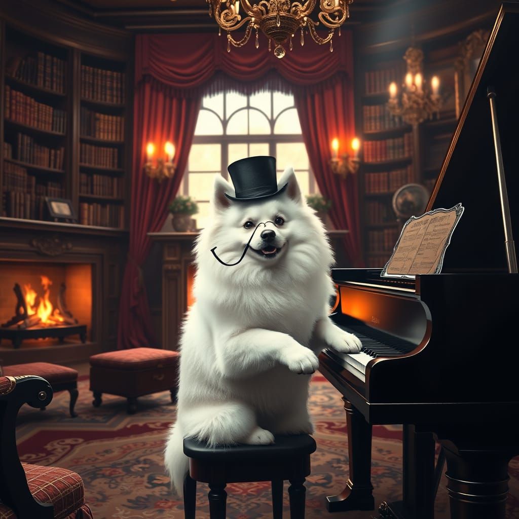 Samoyed Dog in Victorian Drawing-Room, Hyperrealistic Art
