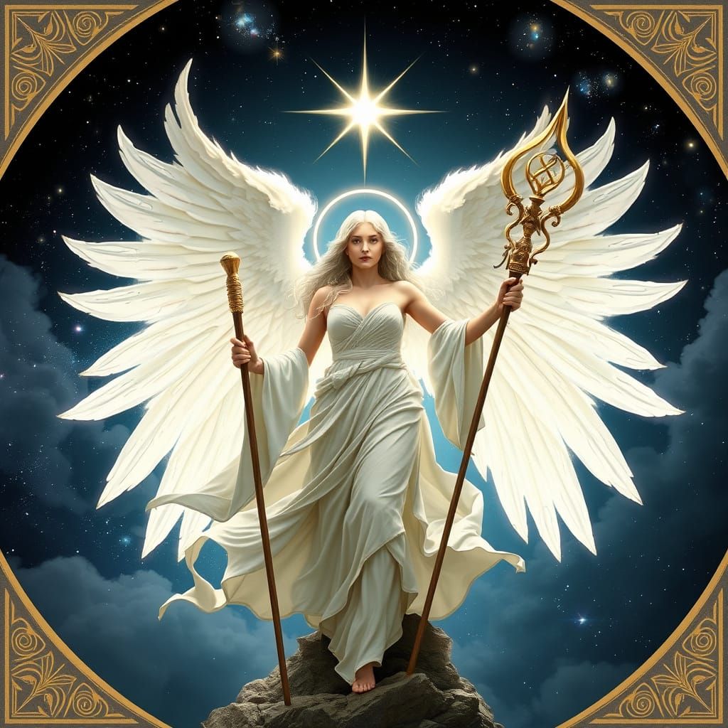 Celestial Woman with Staff in Starry Waterfall