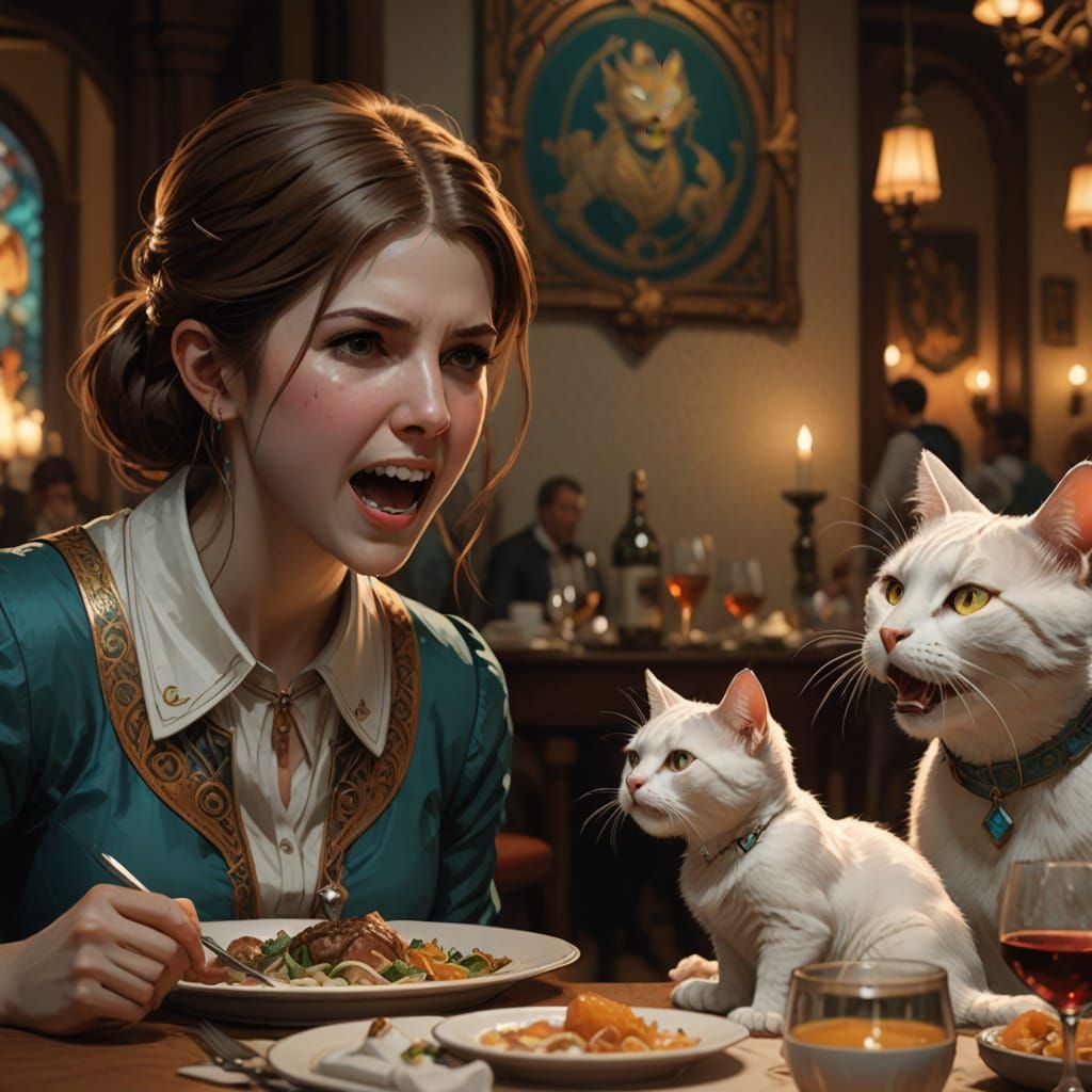 Anna Kendrick Scolding a White Cat in a Lavish Dinner Scene