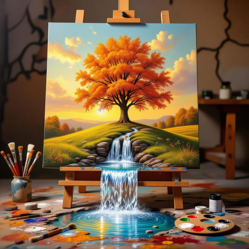 Surreal Autumn Tree Oil Painting in Artist Studio