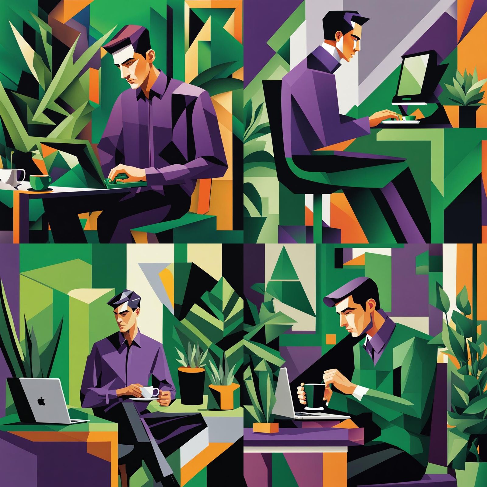 Young Man Working: Cubist Art Deco Style