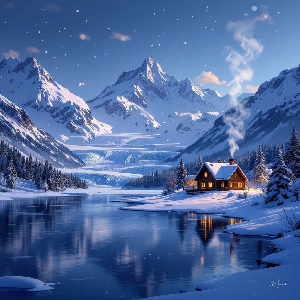 Cozy Cabin in Majestic Snow-Covered Mountain Landscape