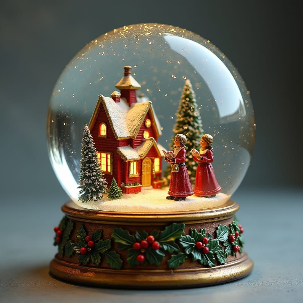 A large glass snowglobe with a base of gold decorated with holly. Inside the globe, a Victorian Christmas scene is displ...