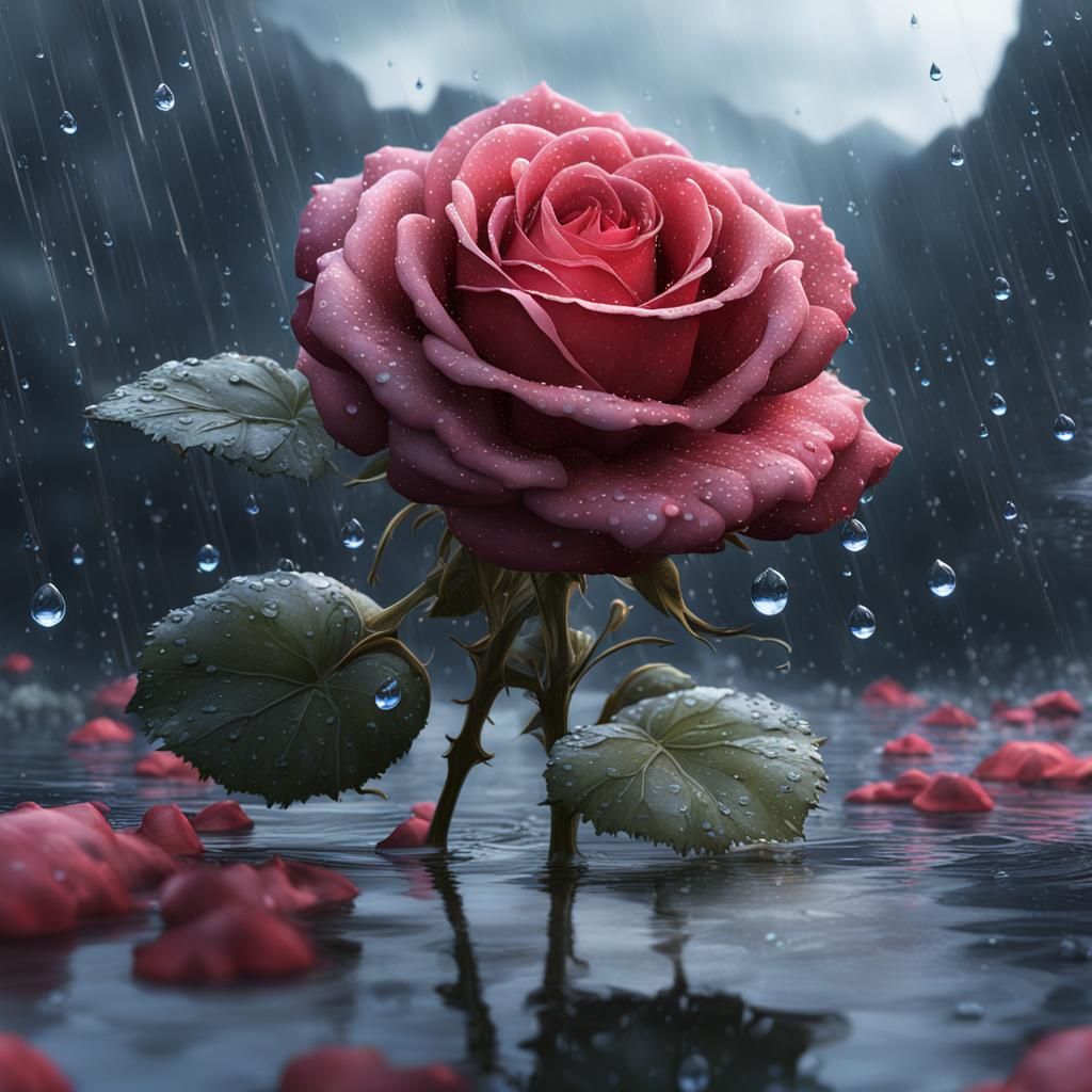 Hyperrealistic Rose with Raindrops and Blue Mountains