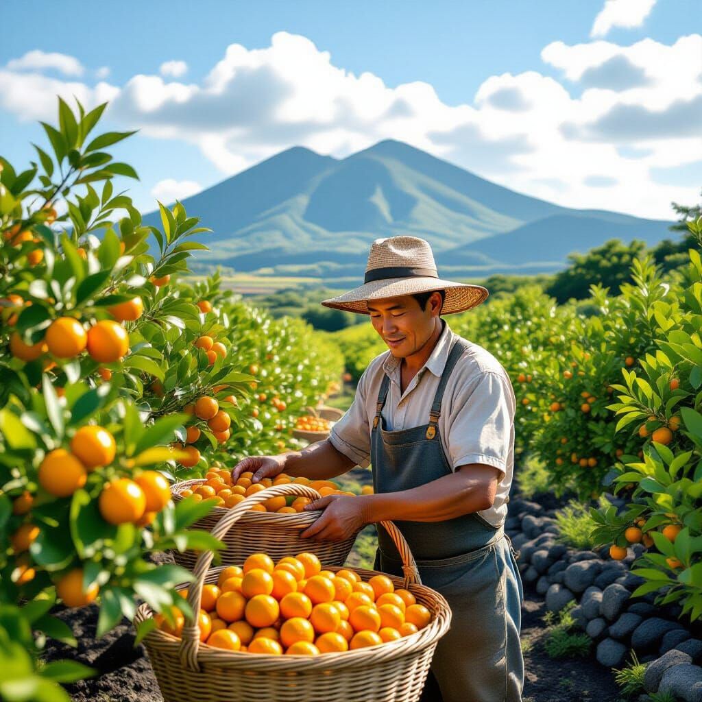 Jeju Island Orchard Harvest in Ultra-Realistic Style