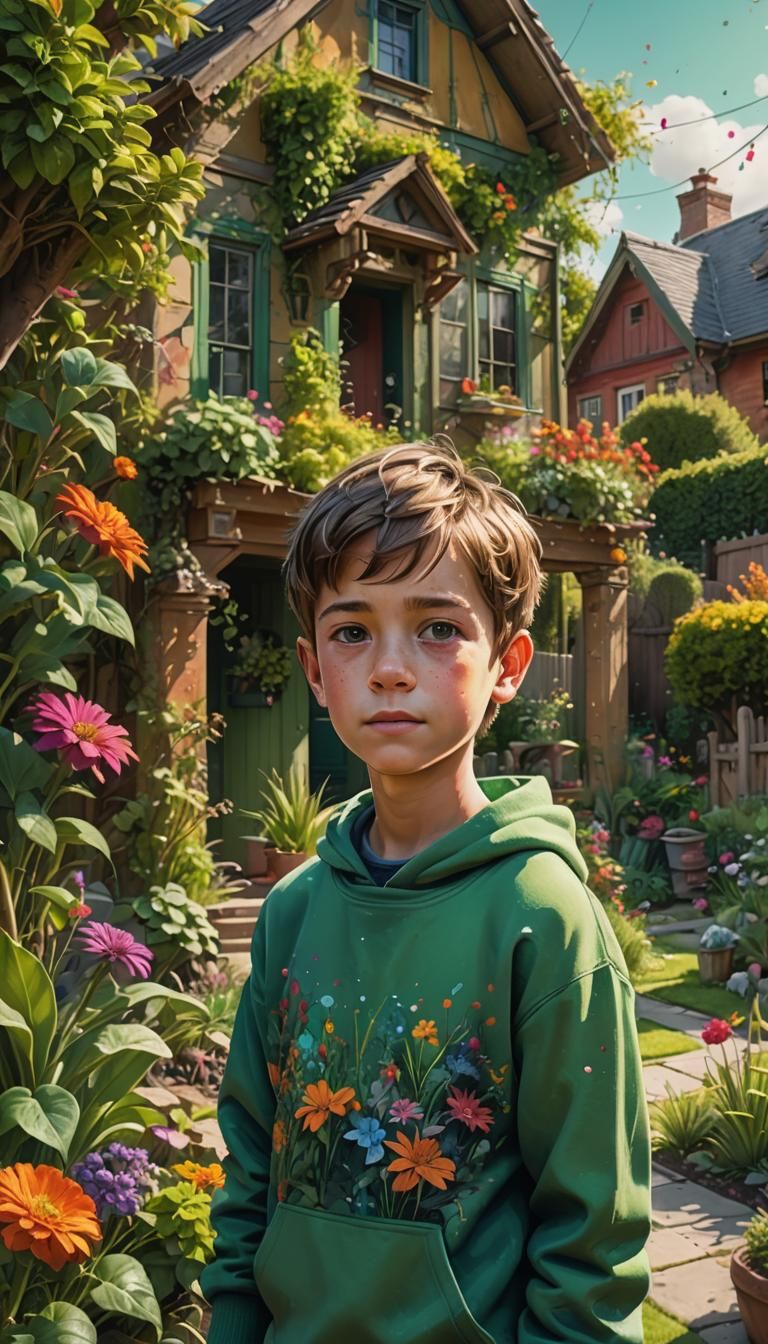 Boy in Garden: Hyperrealistic Splash Art Portrait