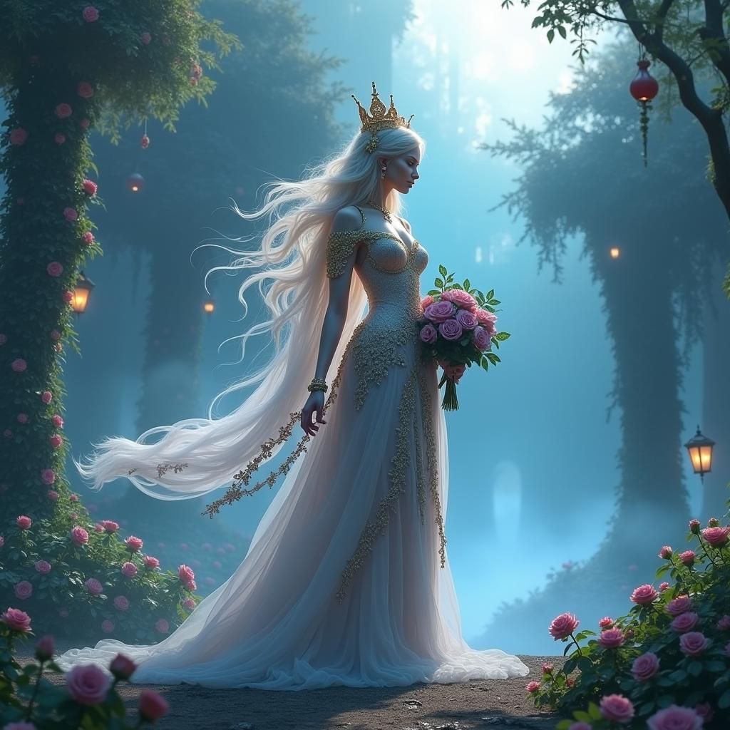 Regal Rose Woman in Mystical Garden
