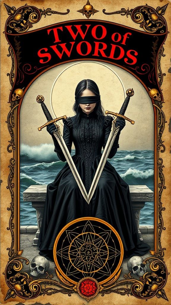 Gothic Tarot Card 'TWO of SWORDS' with Ornate Frame and Medi...