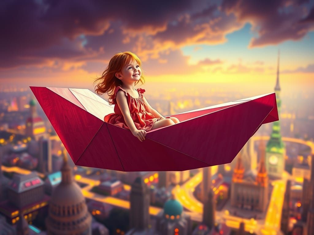 Girl in Paper Airplane Soaring Over City