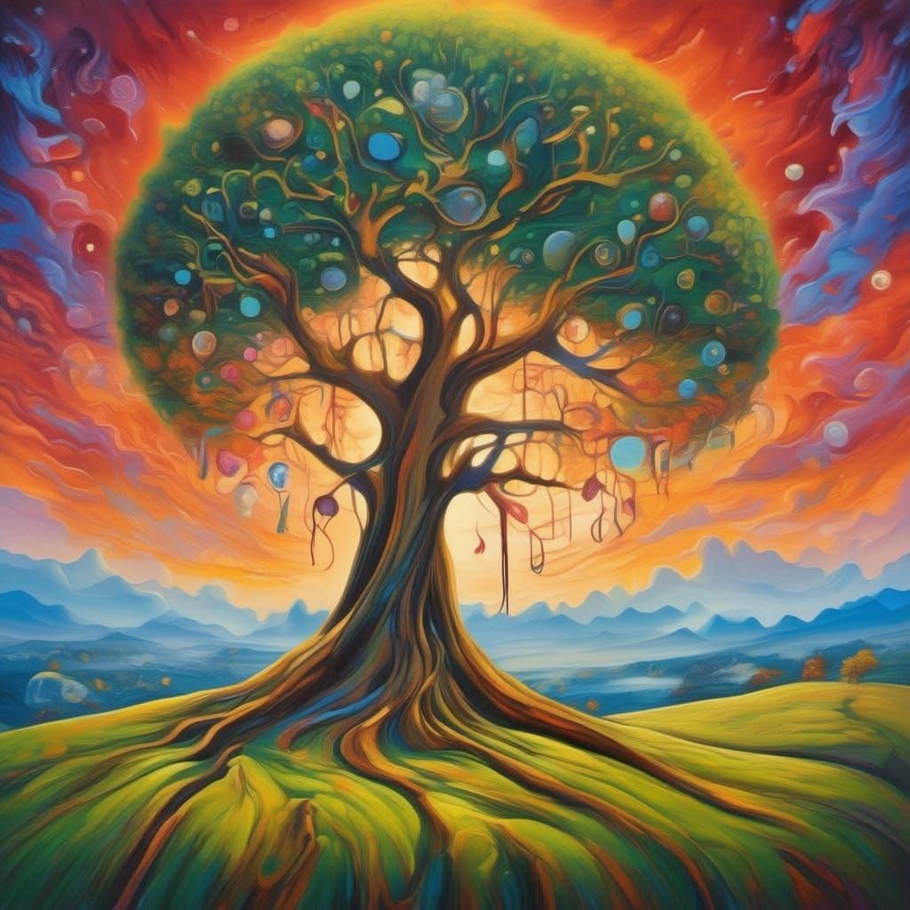 Ancient Oak Tree with Ethereal Lanterns in Misty Meadow