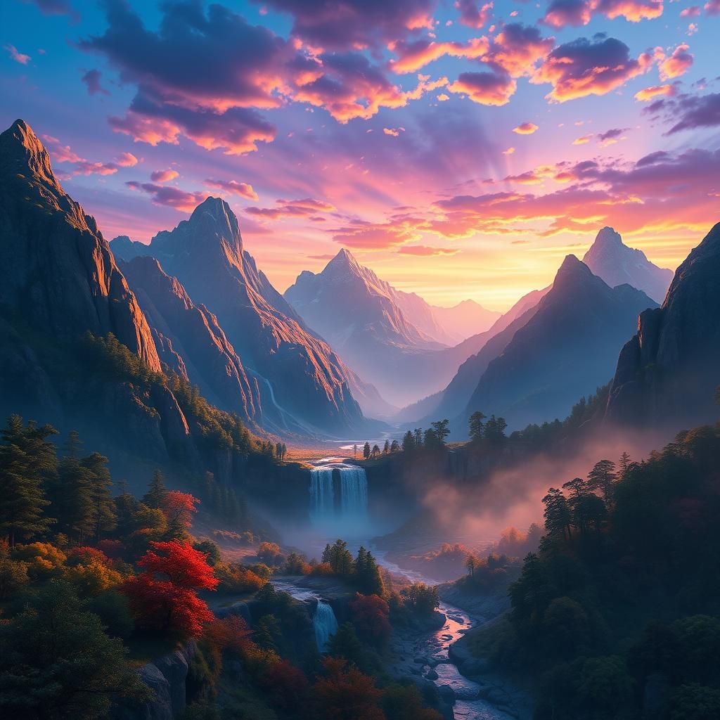 Vibrant Fantasy World: Majestic Mountains and Mystical Fores...