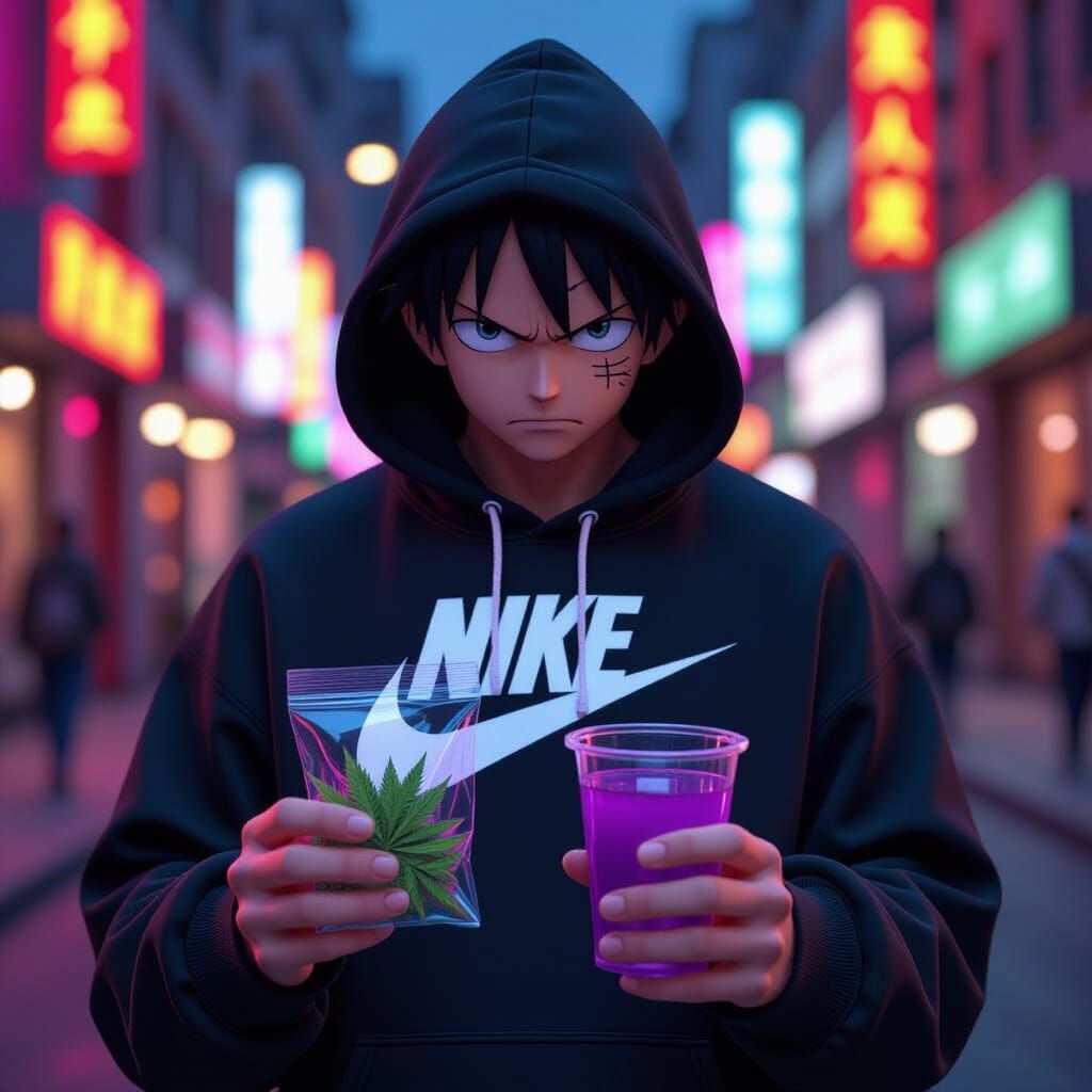 Luffy in Nike Hoodie with Weed and Purple Drink