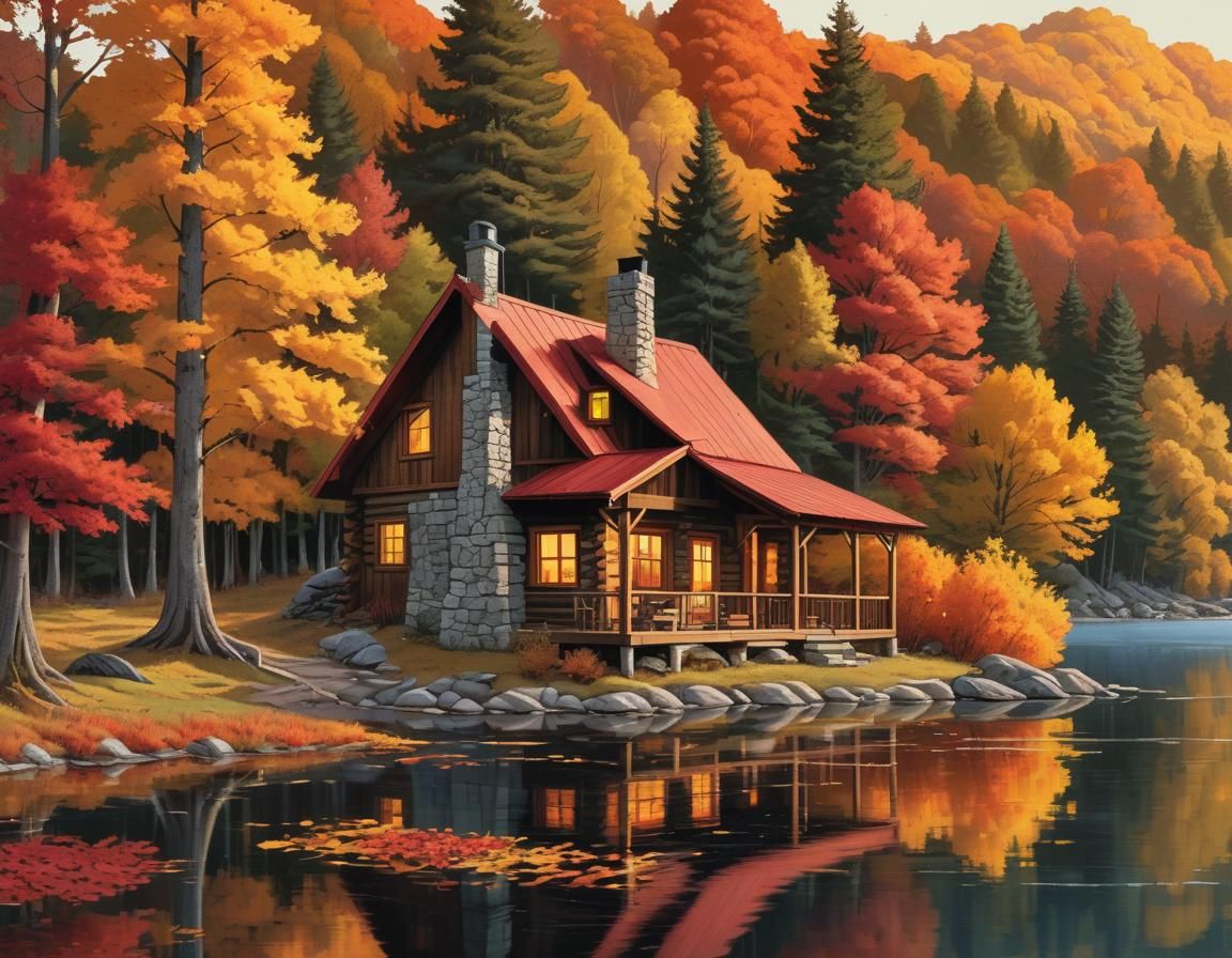 Cozy Cabin in Autumn Comic Book Style