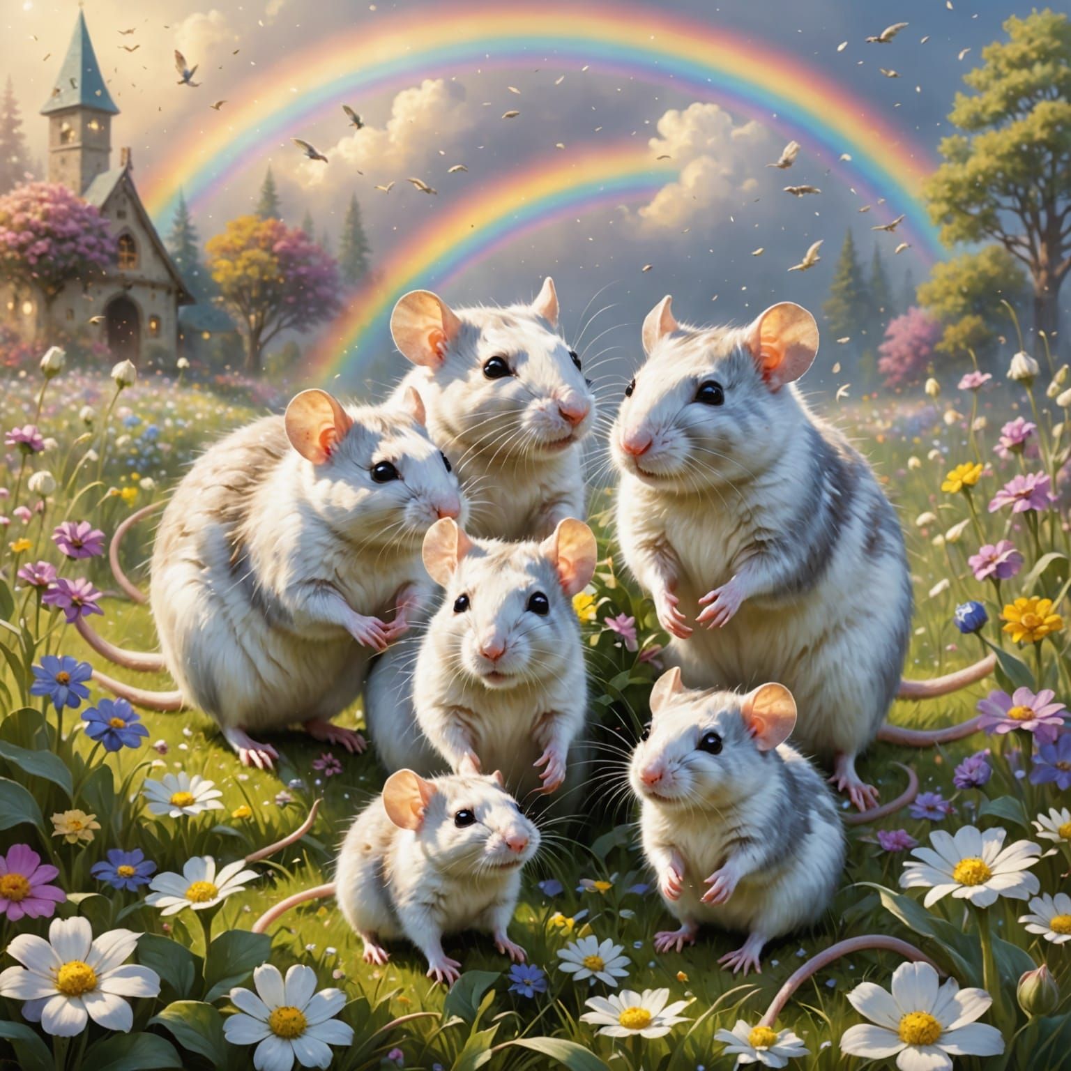 Whimsical Family of Rats in a colorful Floral Paradise