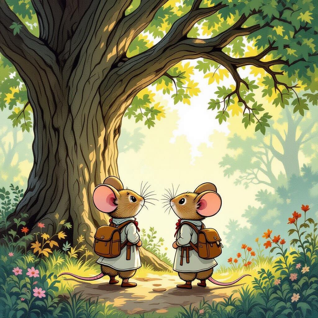 Adventurer Mice in Enchanted Forest, Art Nouveau Style