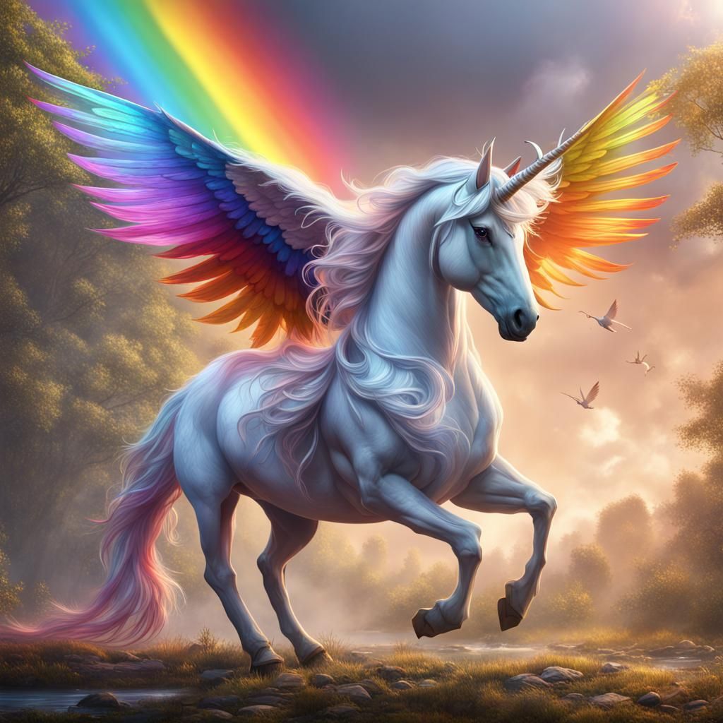 Rainbow Winged Unicorn in Detailed Matte Painting