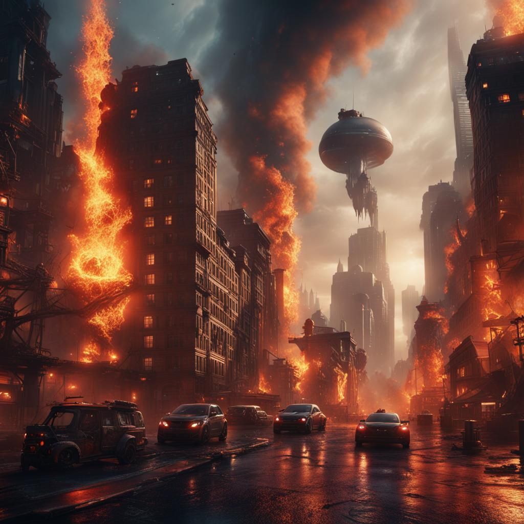 Fire Alien City Attack: Detailed Matte Painting