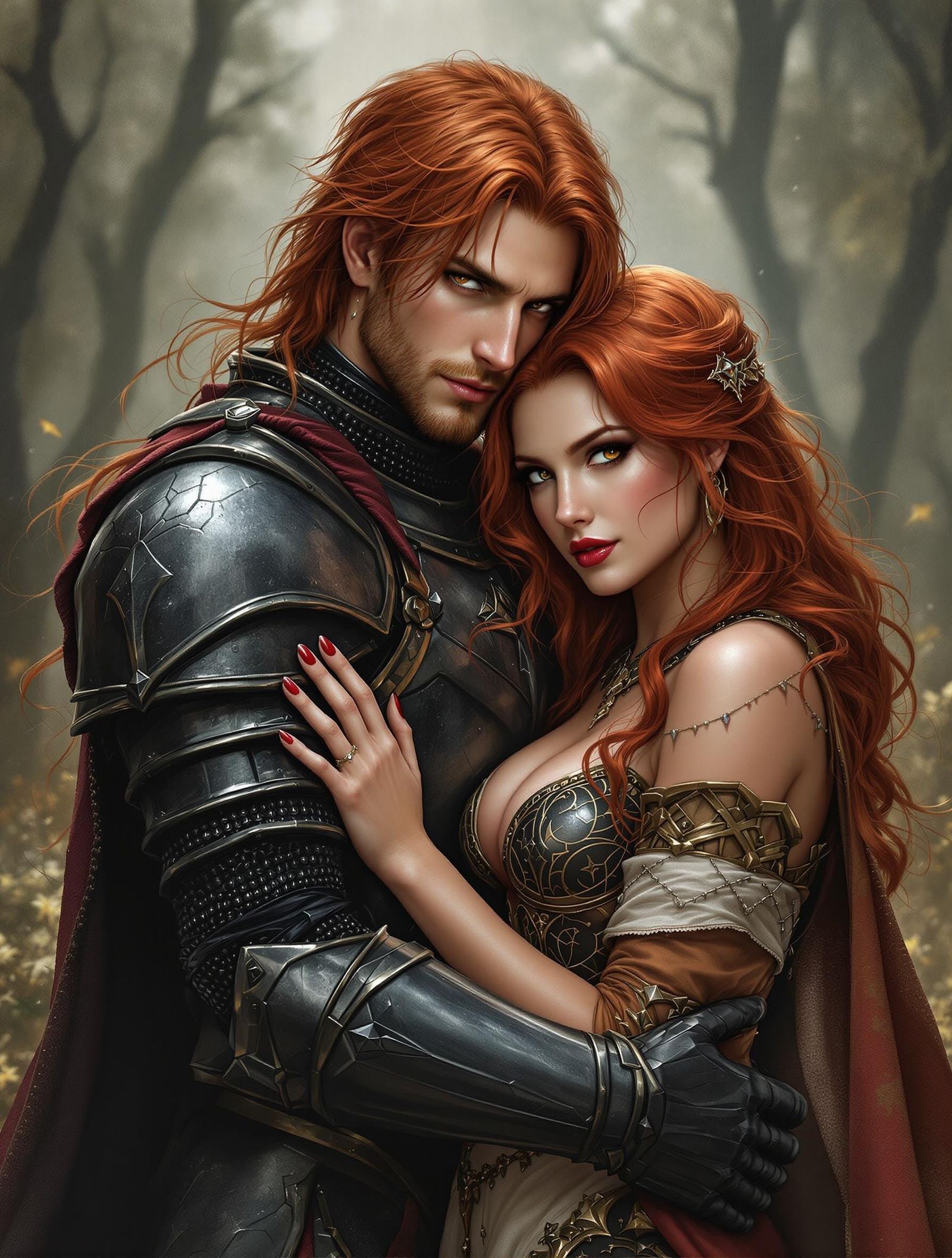 Epic Fantasy: Armored Woman and Mage Embrace