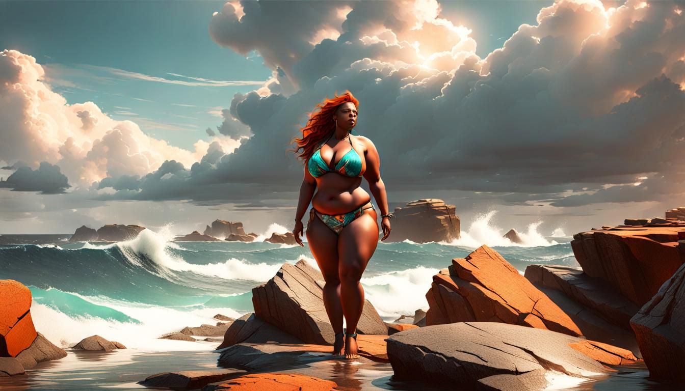 Stormy Beach Beauty in Art Nouveau Style