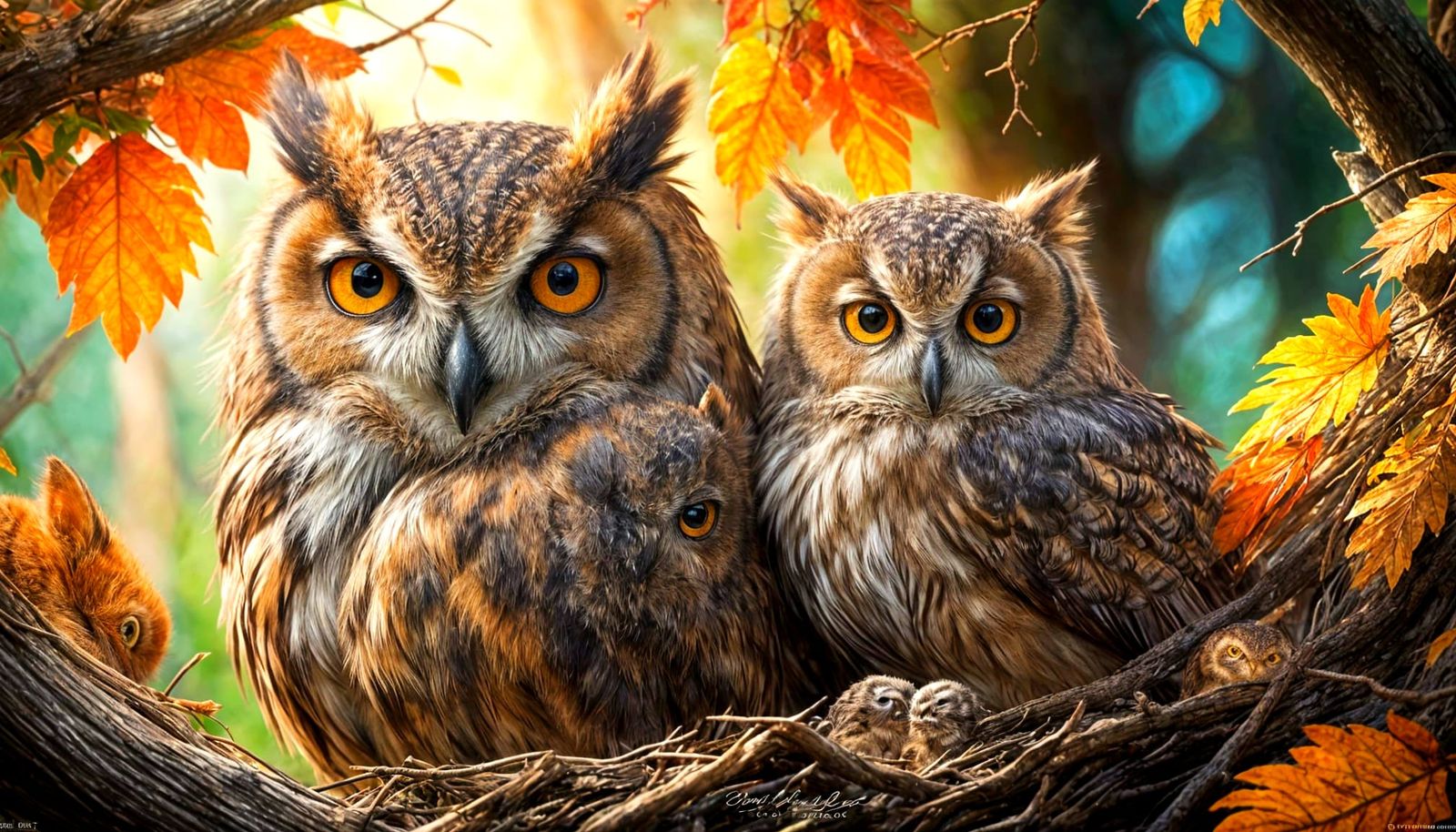 Owl Nest With Cat Snuggling, Hyperrealistic Art