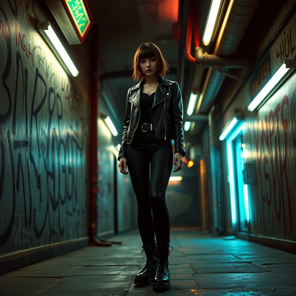 Cyberpunk Clockwork Oracle in a Dystopian Alleyway