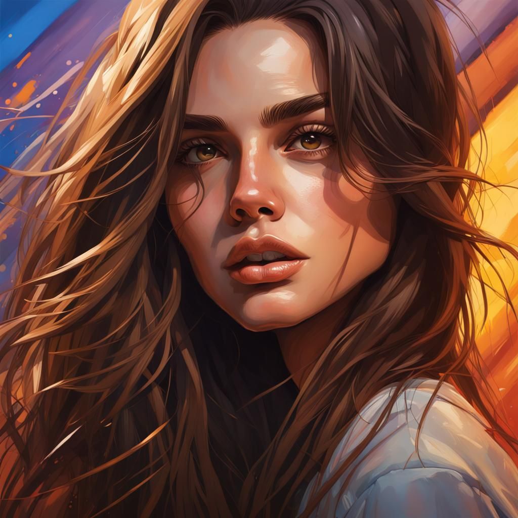 Hyperrealistic Portrait with Brown Hair and Colorful Backgro...