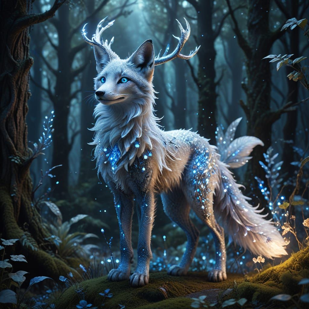 Majestic Silver Fox with Crystal Antlers in Enchanted Forest