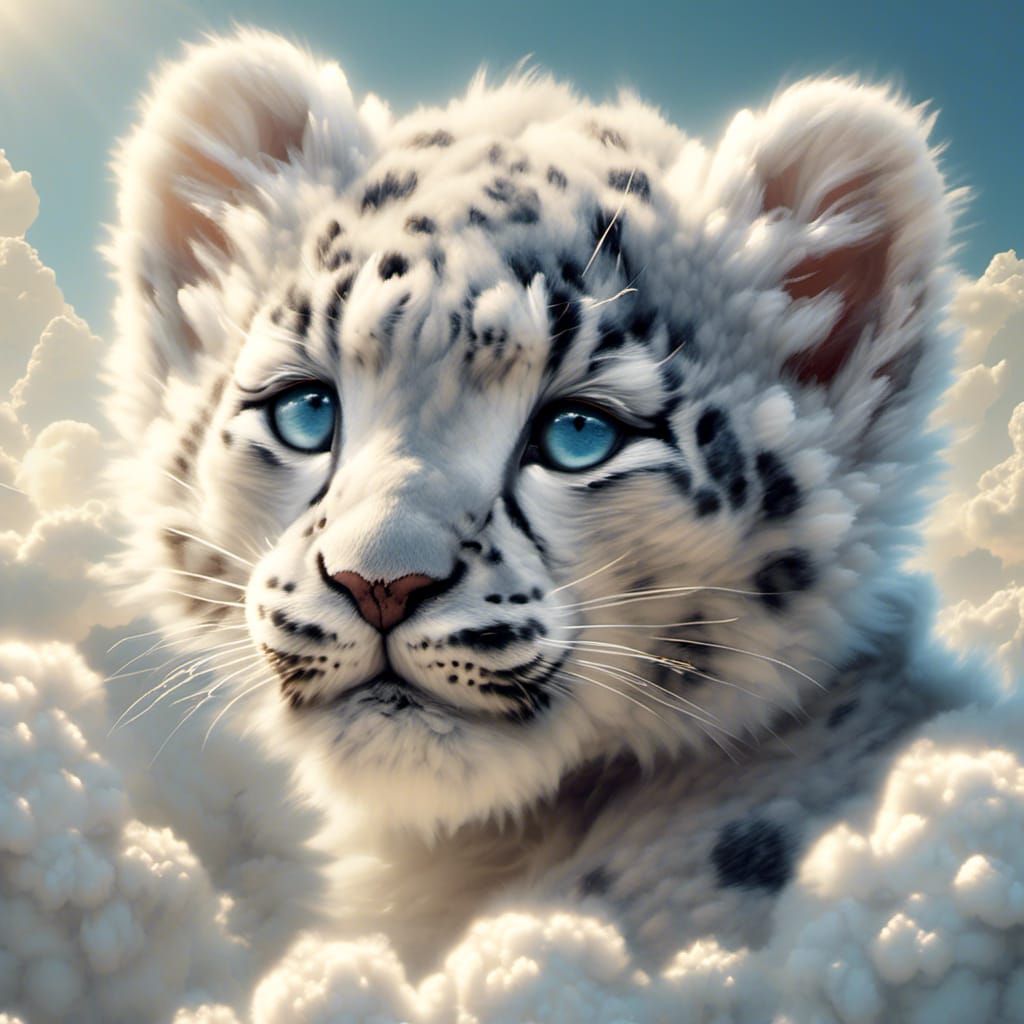 Dreamy Snow Leopard Cub in the Clouds