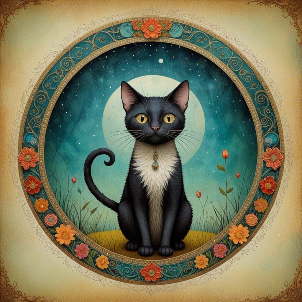 Ethereal Fantasy Cat in Vibrant Circle Art