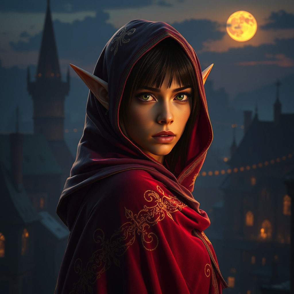 Mysterious Half-Elven Rogue in Medieval Cityscape