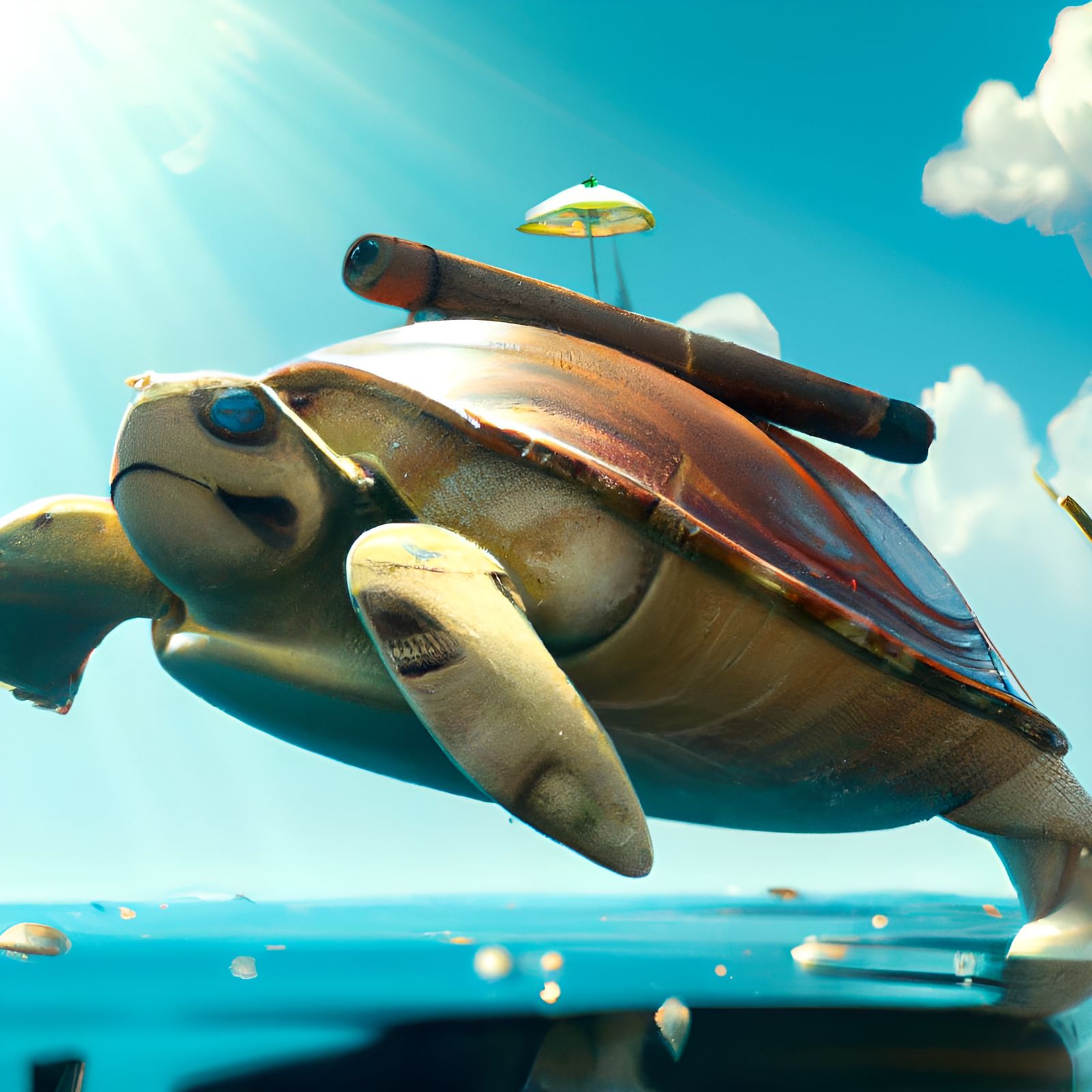 Happy Turtle Rides Torpedo: 3D Rendered Art