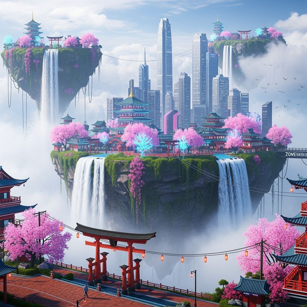 Floating Island City with Neon Pagodas in Cyberpunk Style