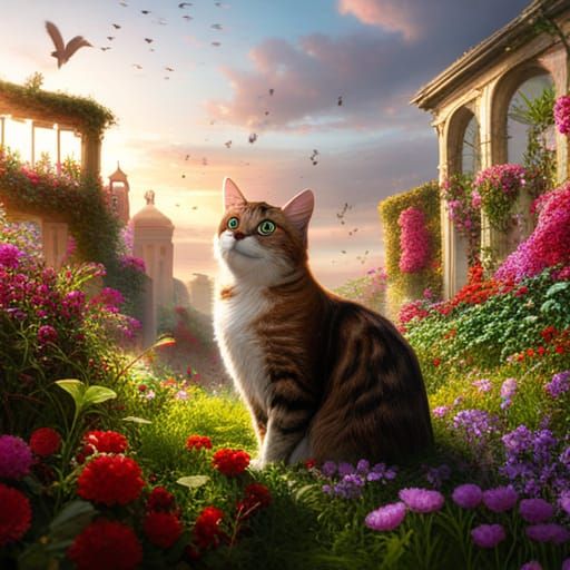 Cat in Flowerbed Fantasy Concept Art