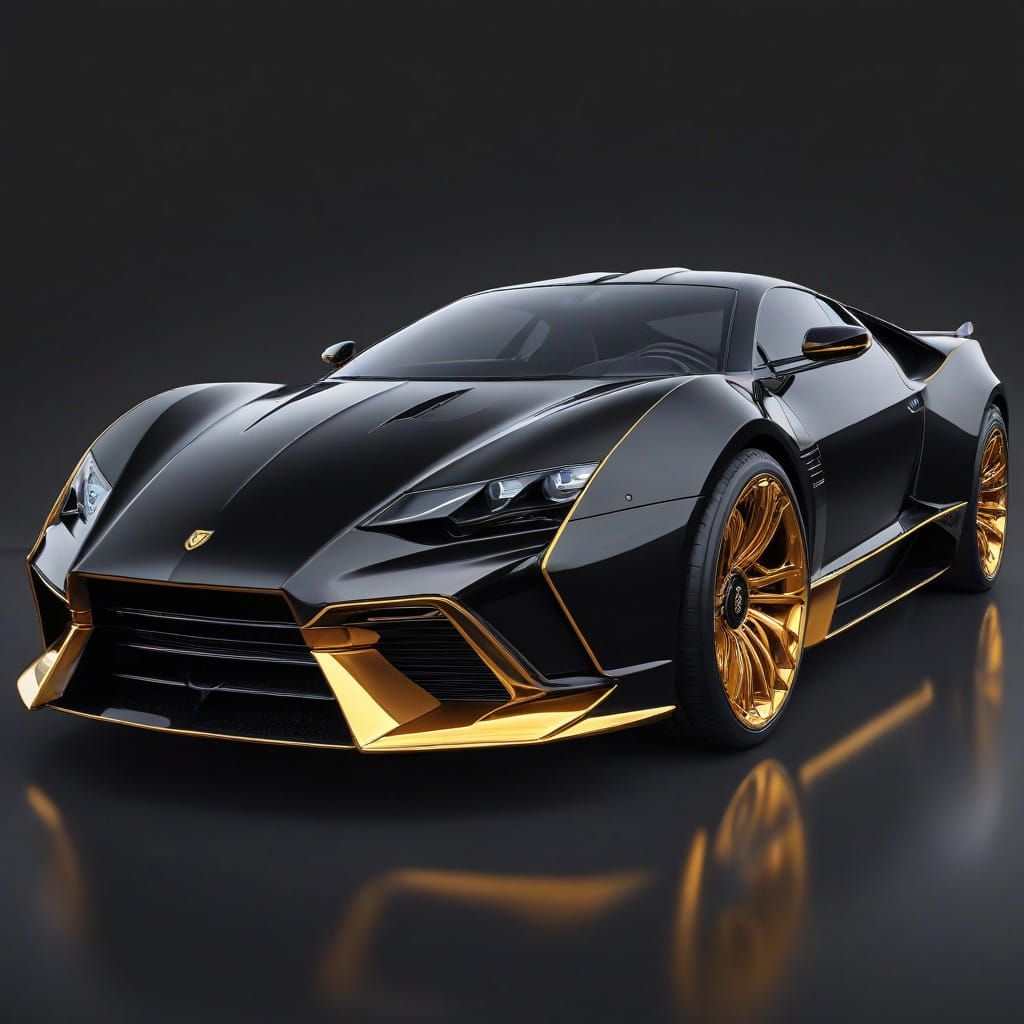 A black car of the future with gold wheels in the shape of a dog Rottweiler