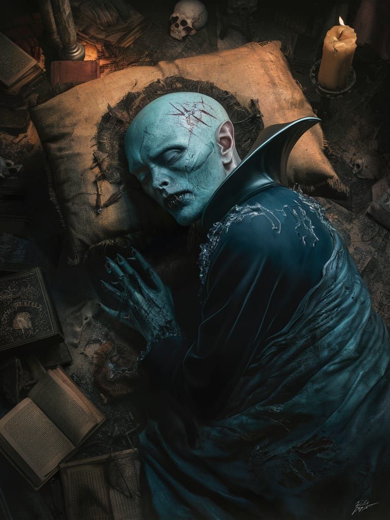 Slumbering Vampire aqua moon colored skin, bald head scared.Art style by WLOP, Pablo Picasso,Salvator Rosa; lyrical abst...