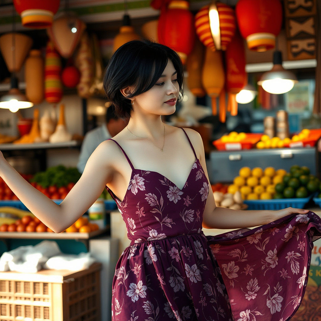 Thai Woman Dancing in Front of Food Stall