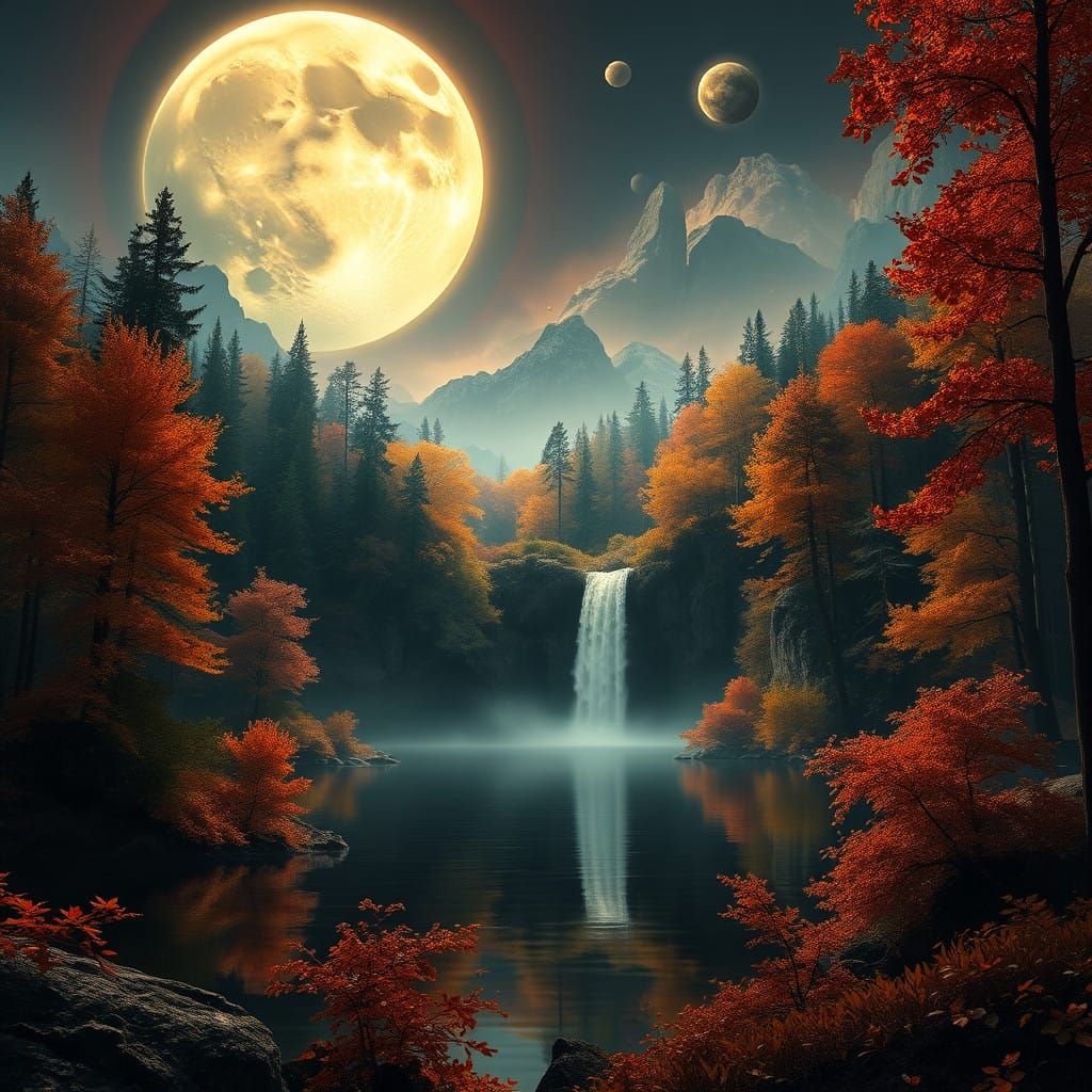 Hyperrealistic Dark Fantasy Landscape with Celestial Moon