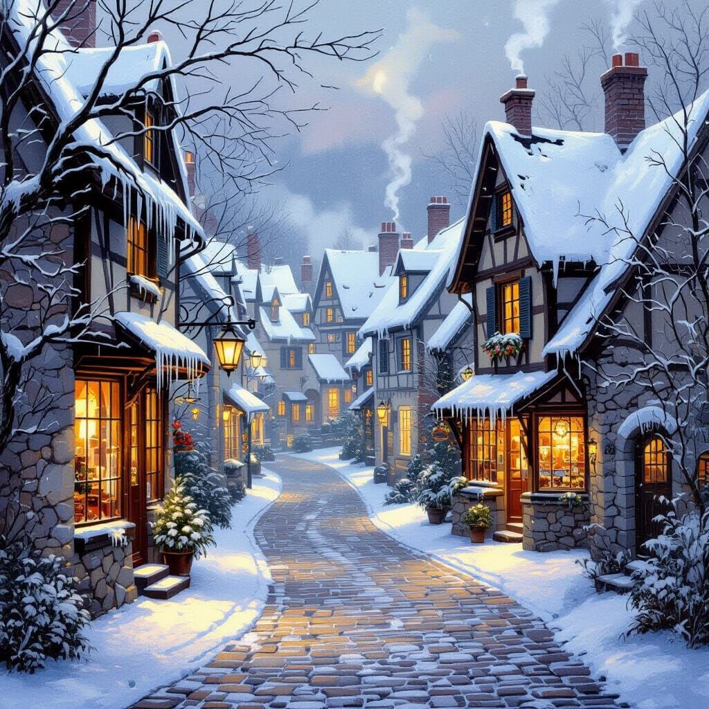 Charming Winter Village Cobblestone Walkway Oil Painting