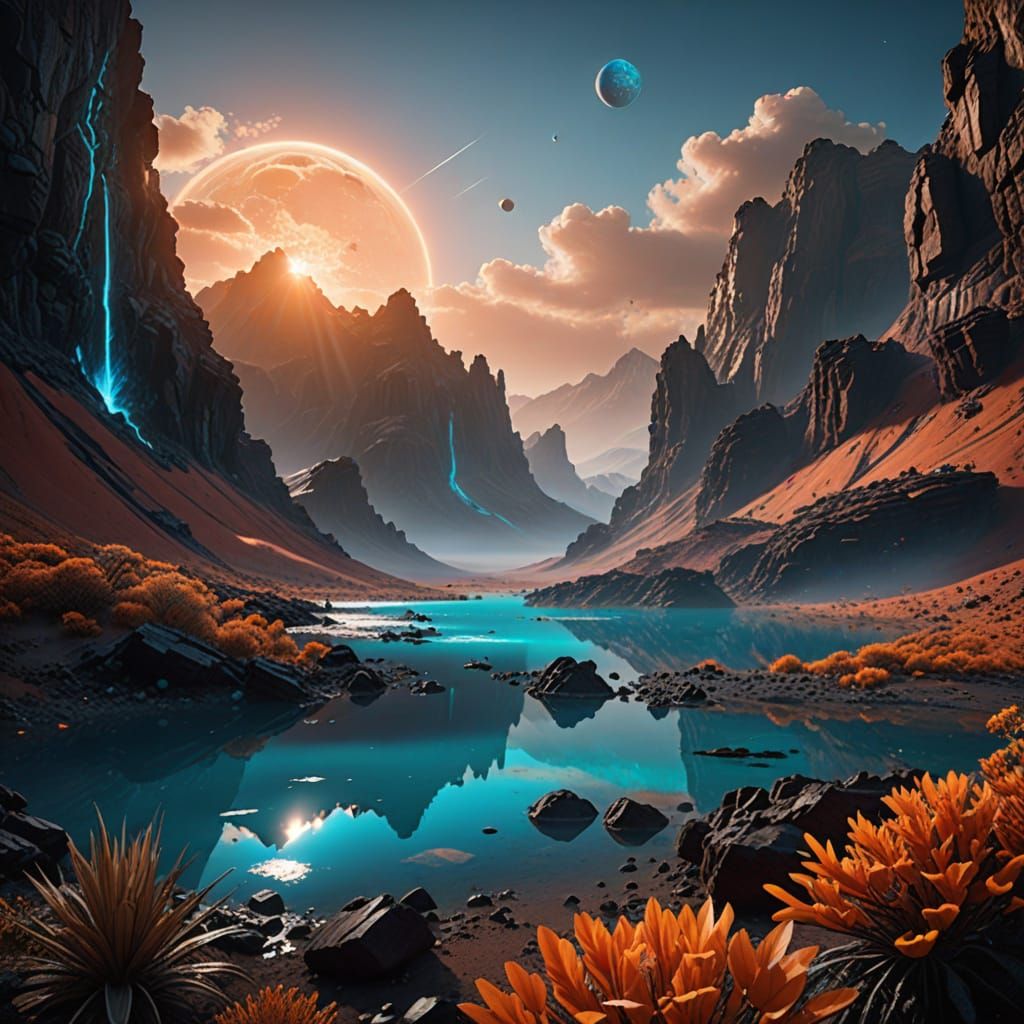 Tranquil Martian Lagoon in Vibrant, High-Contrast Colors