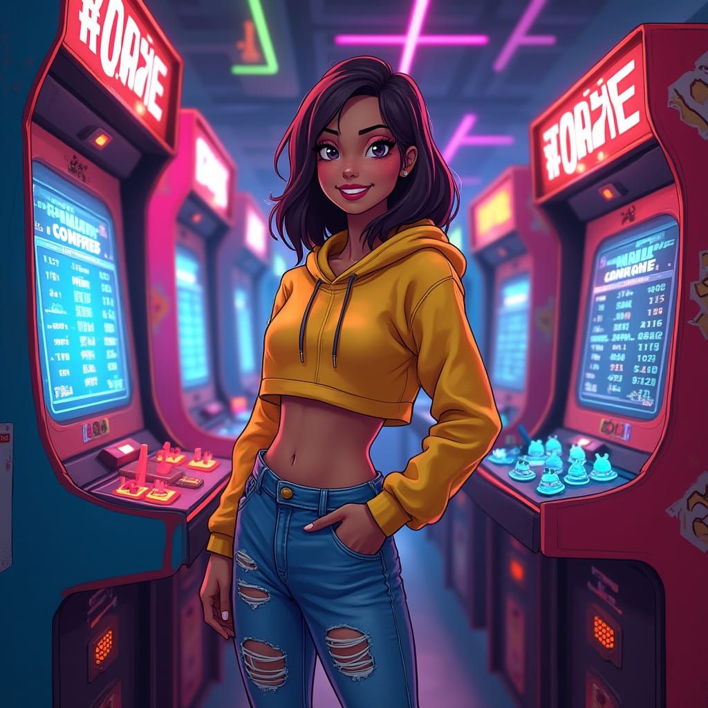 Confident Woman Surrounded by Neon Arcade Bliss