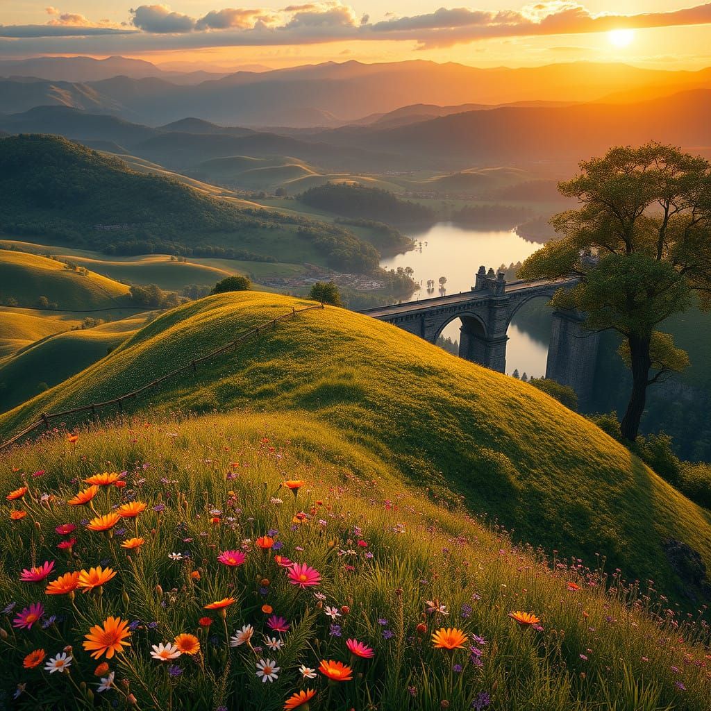 Serene Sunset Landscape with Lush Hill and Majestic Bridge