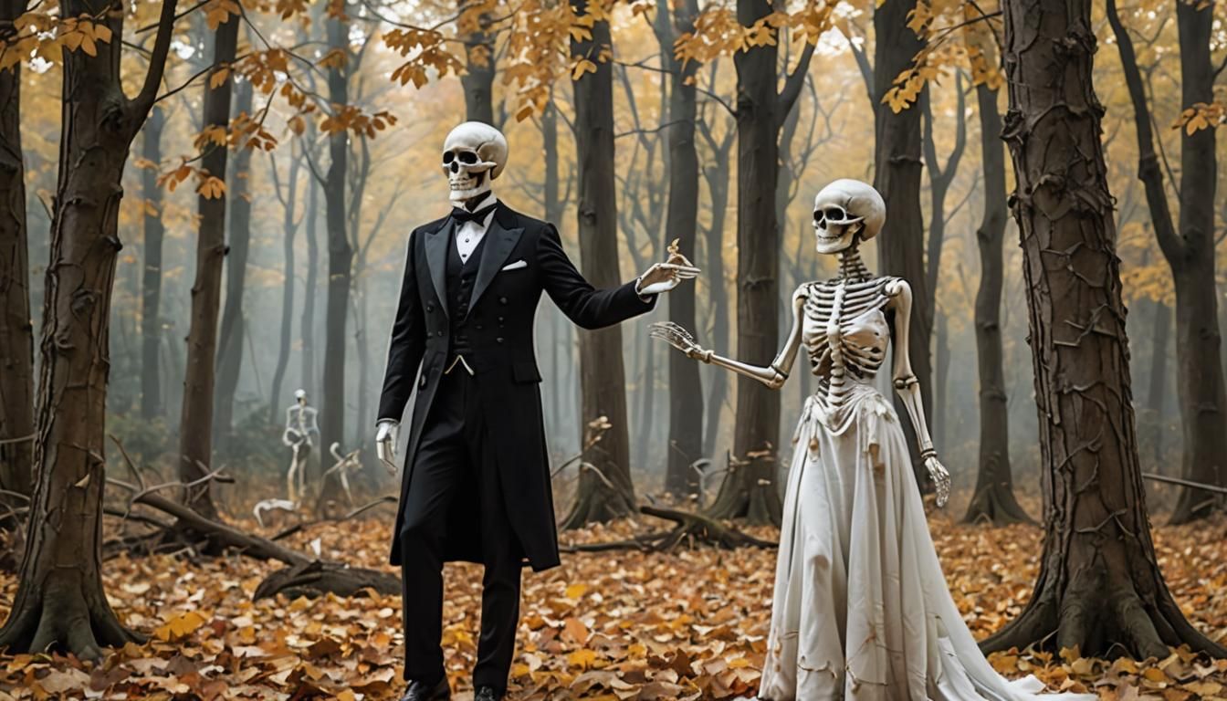 Eerie Encounter: Skeleton Saluting Ghost in Autumn Forest