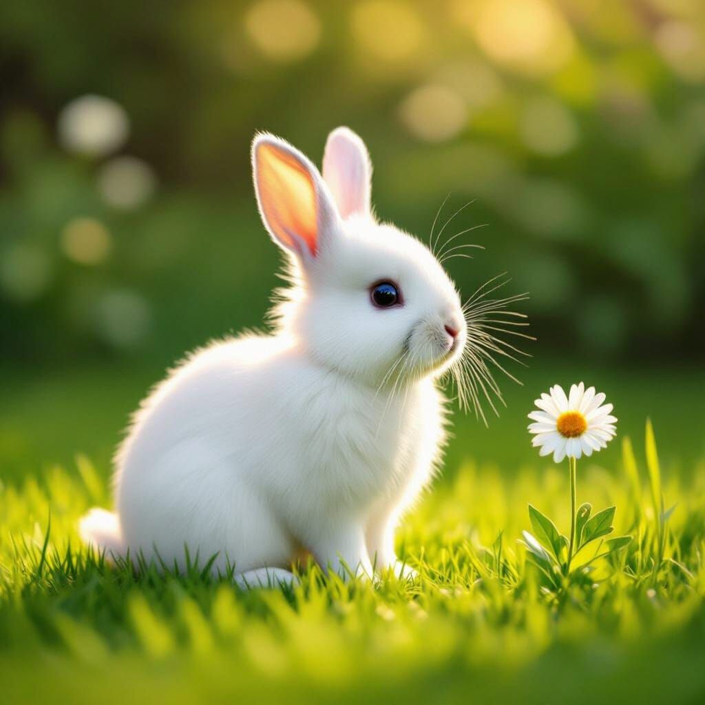 Fluffy White Rabbit in Golden Hour Yard