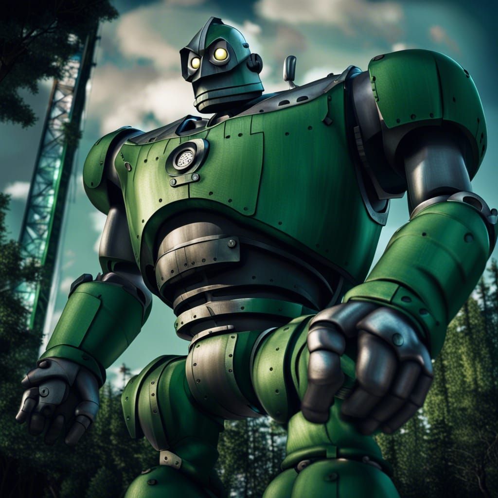 The iron giant wearing green overalls