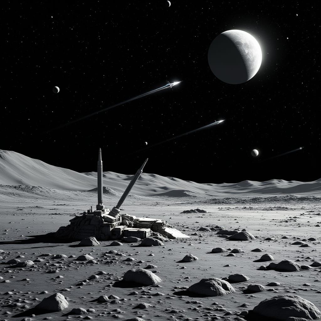 Sleek Missile Descends on Lunar Colony Under Starry Black Sk...
