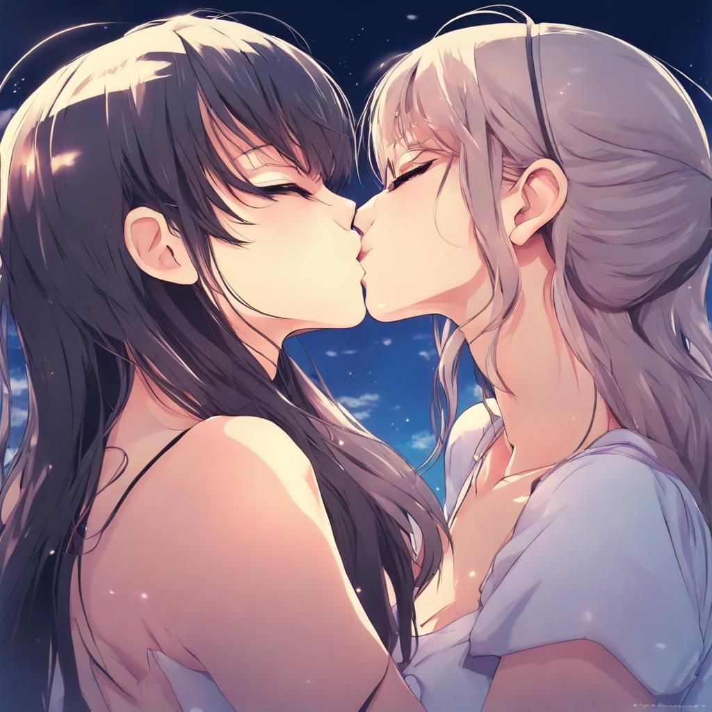 Two Women Kissing in Anime Style