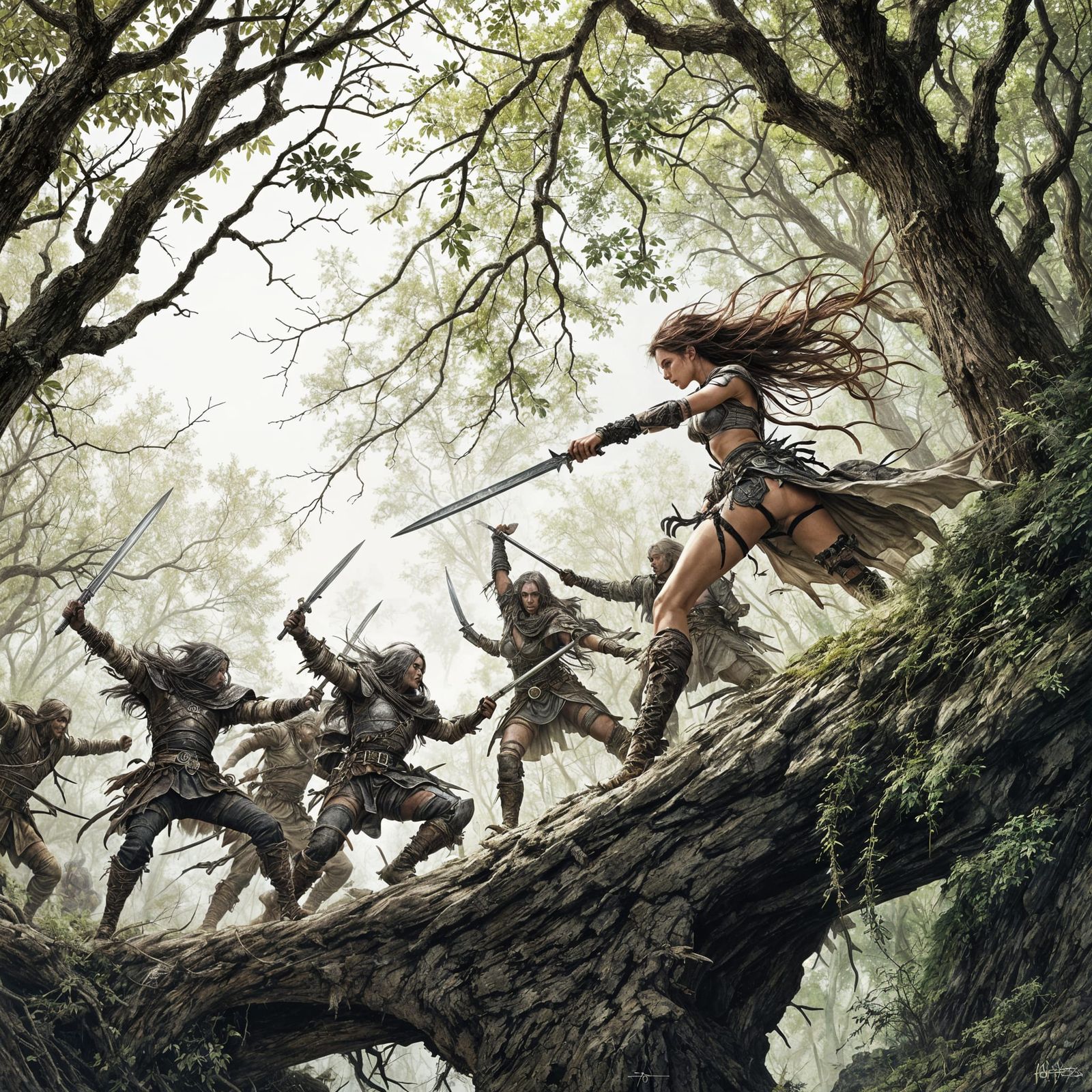 Female Adventurer Battles Brigands: Luis Royo Style