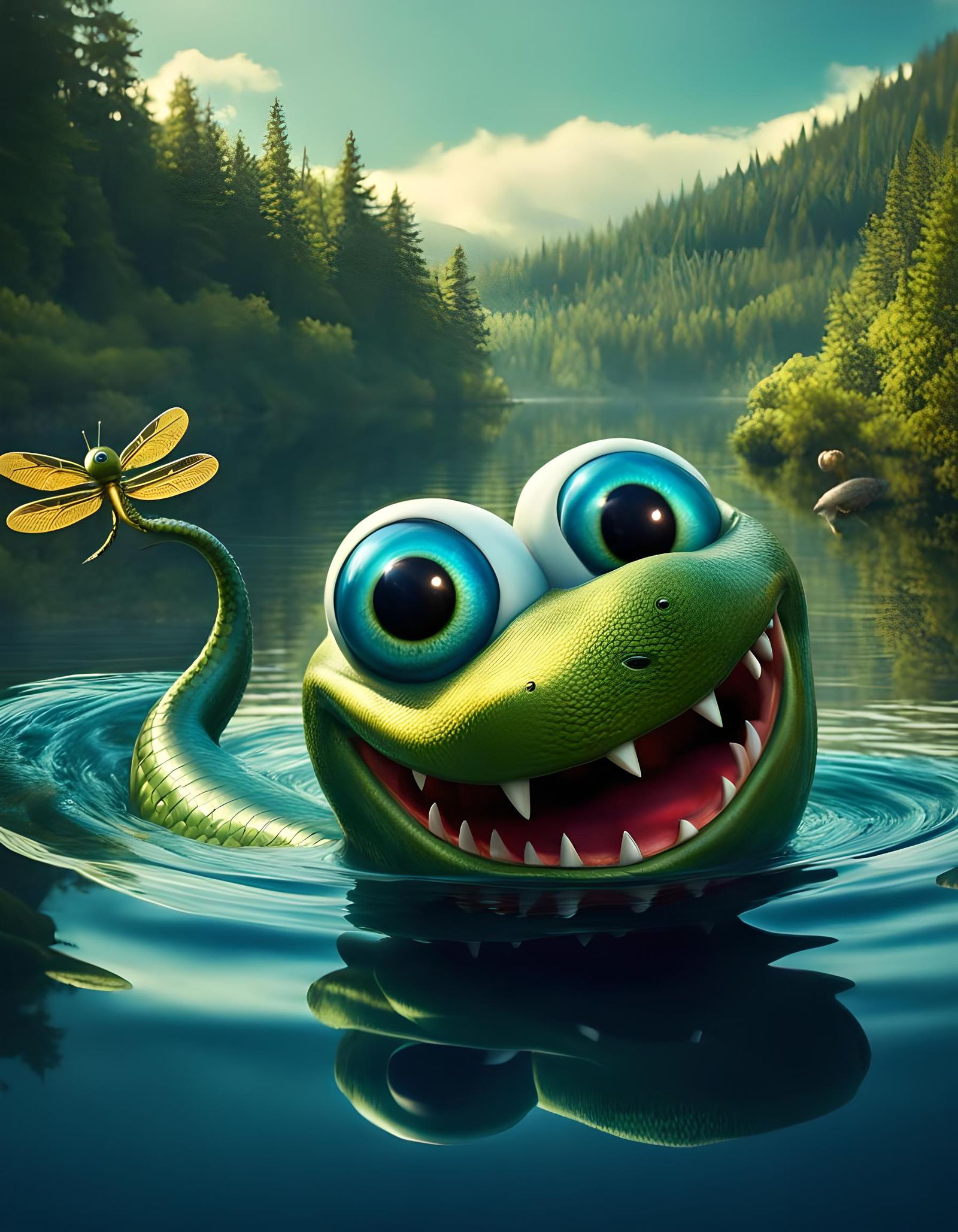 Adorable Googly-Eyed Nessie in Surreal Lake Scene