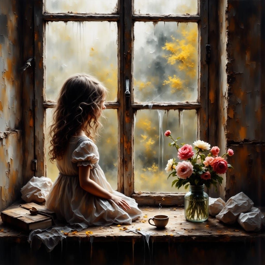 Mother Waiting at the Window in Smokey Grunge Style