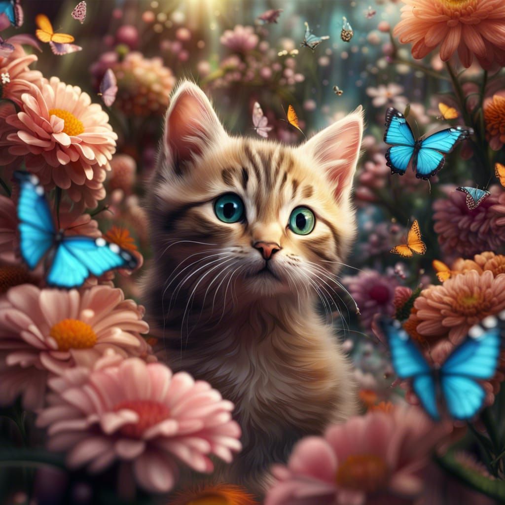 Kitten Surrounded by Flowers and Butterflies